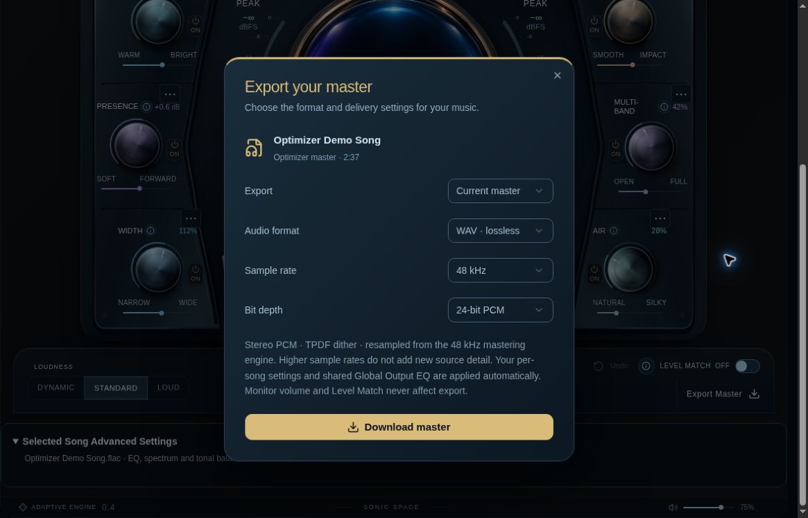 Export your master dialog with Current master scope, WAV lossless audio format, 48 kHz sample rate, 24-bit PCM depth and Download master button.