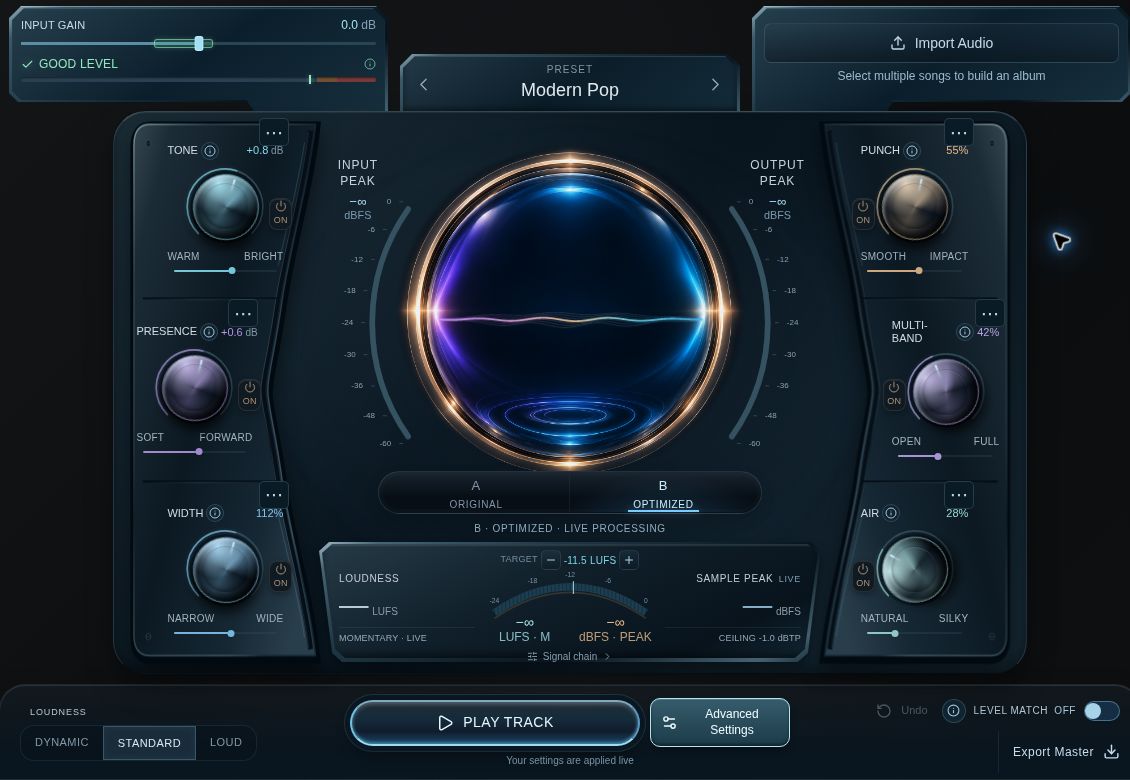 Optimizer Home with mastering controls, A/B comparison and Export Master.