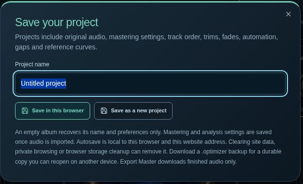 Save your project dialog with local browser save controls.