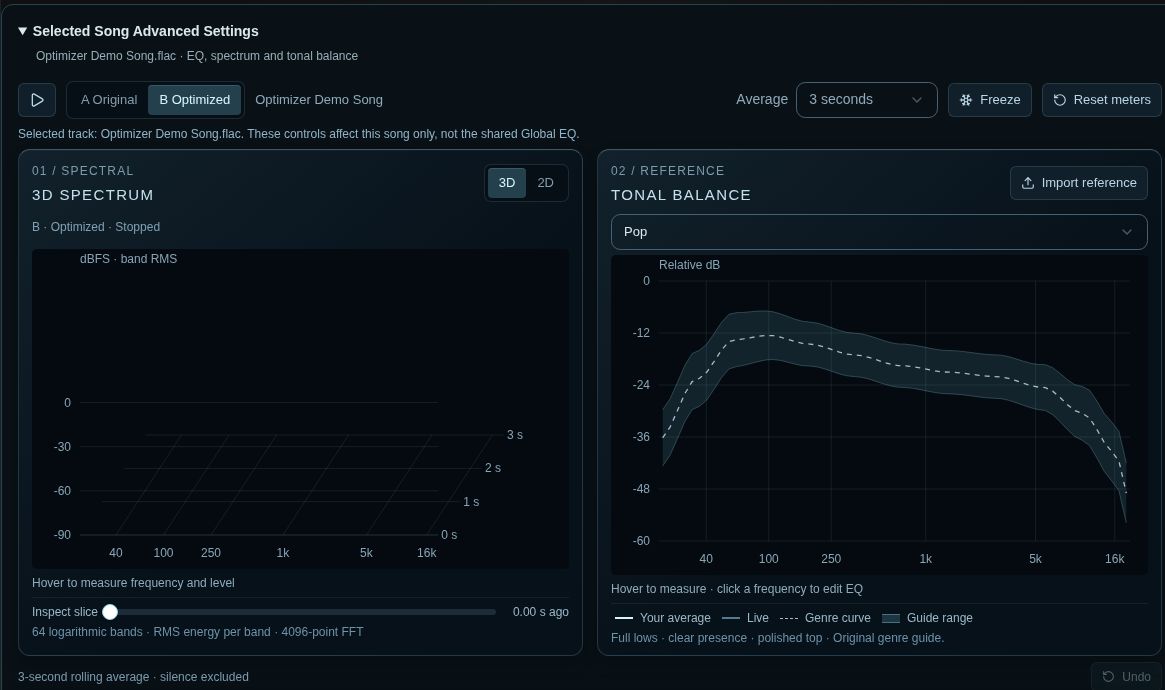 Selected Song Advanced Settings showing A/B selection and averaging controls above the 3D Spectrum and Tonal Balance panels. Playback is stopped and the Pop guide curve is visible.