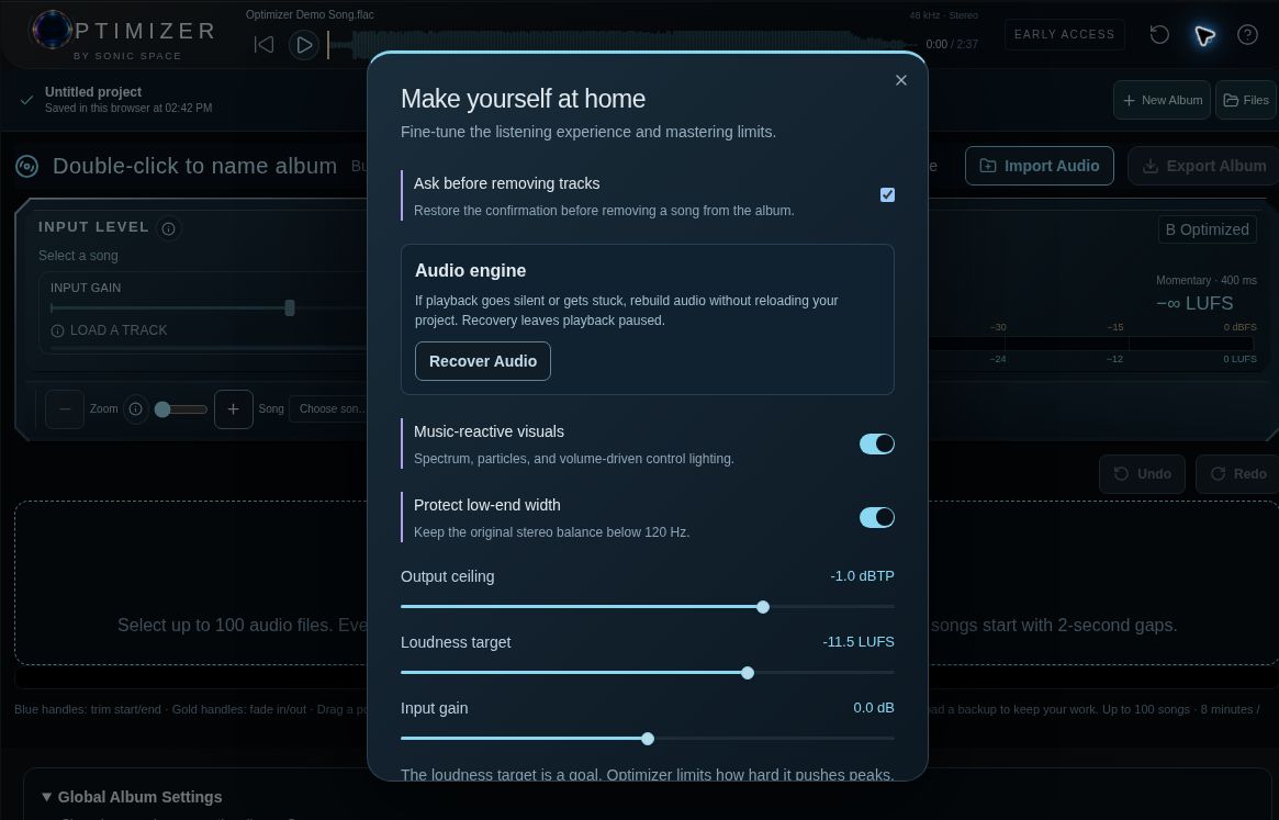 Settings dialog with track-removal confirmation, Recover Audio, music-reactive visuals, low-end width protection, Output ceiling, Loudness target and Input gain.